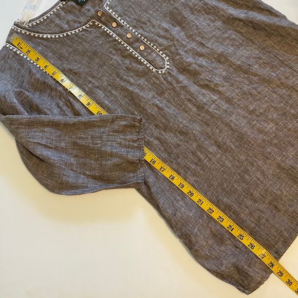 Eddie Bauer Embroidered Linen Top Womens Medium Tall Brown White Boho Lagenlook - Picture 7 of 7
